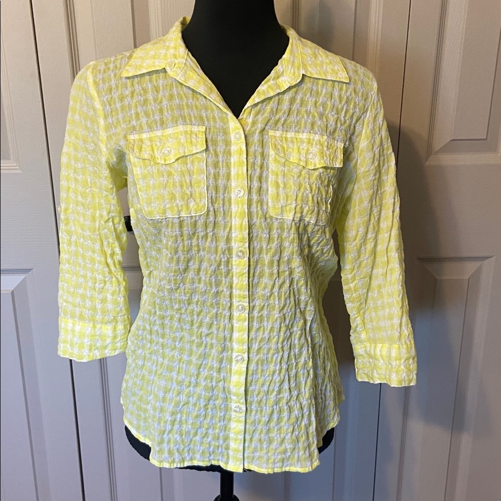 Croft & Barrow Lightweight Yellow Checked 3/4 Roll Sleeve Shirt Women's  Small